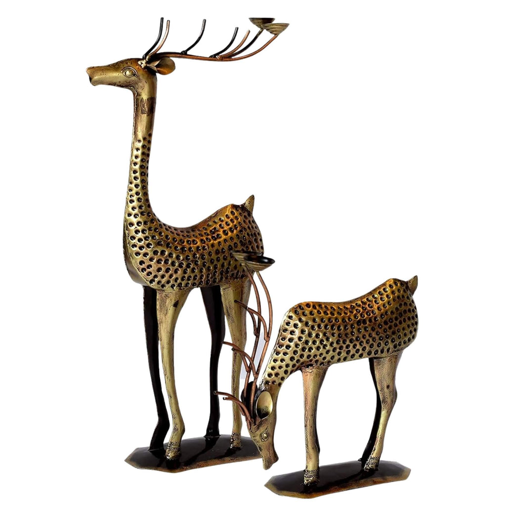 Golden Dotted Deer Showpiece Set – Antique Metal Figurines