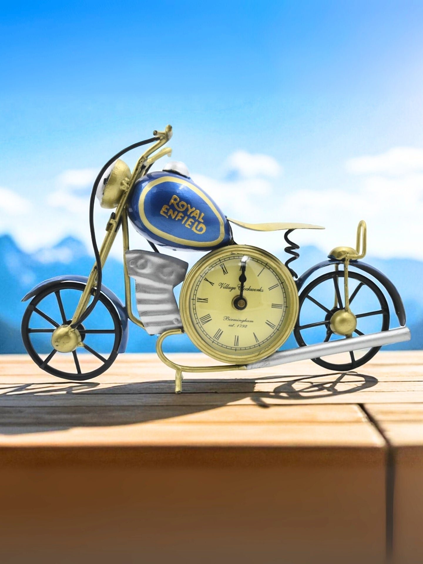 Vintage Royal Enfield Motorcycle Table Clock – Handmade Metal Desk Decor (21-Inch)