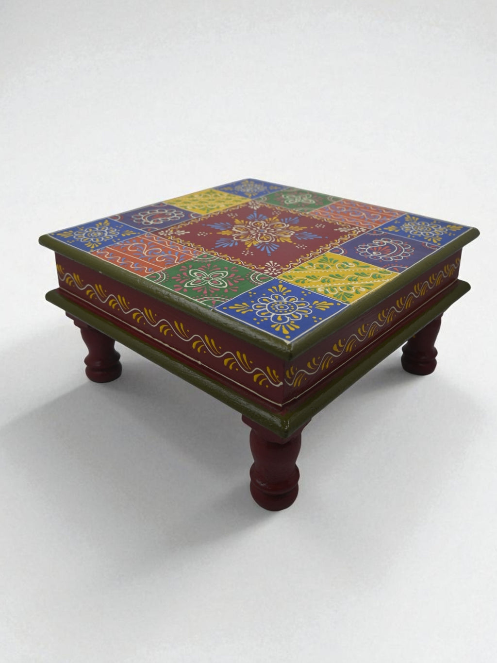 Hand-Painted Wooden Bajot / Choki – Multi-Color Decorative Stool (30x30x16 cm)