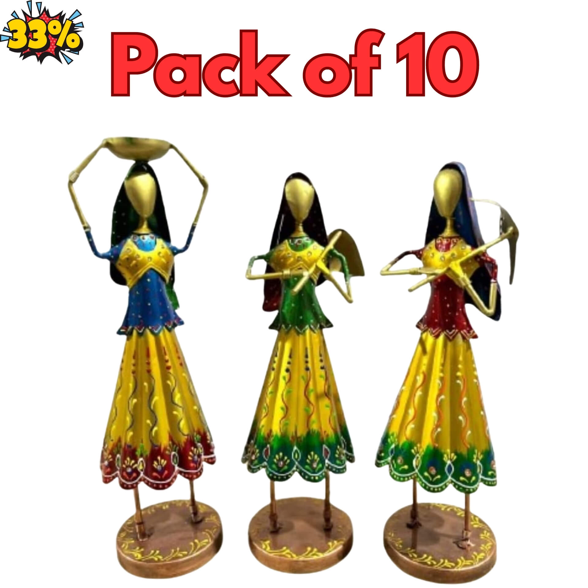 Rajasthani Dancing Women Figurines Set of 10 – Multicolor Metal Showpieces