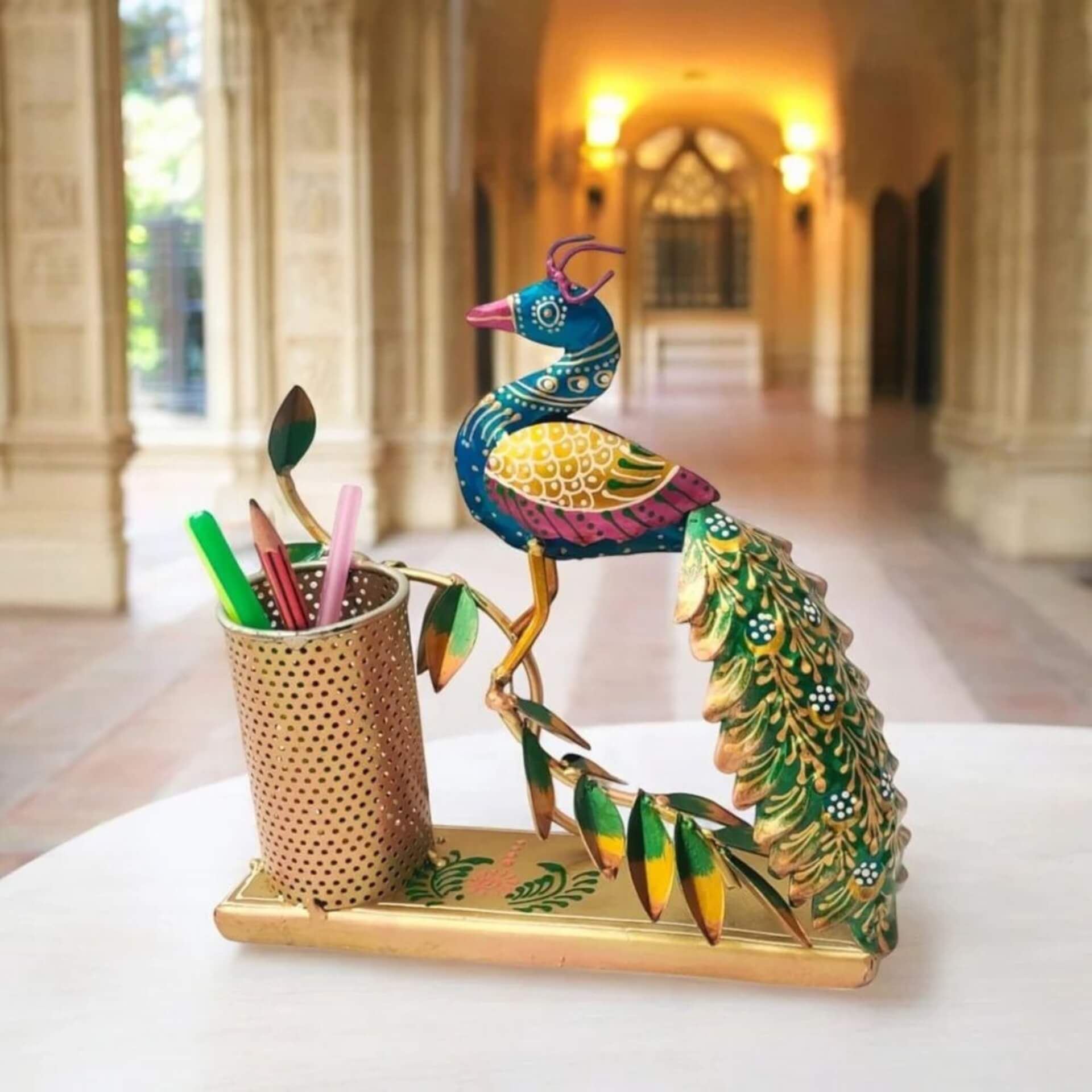 Handmade Metal Peacock Pen Stand – Meenakari Desk Organizer