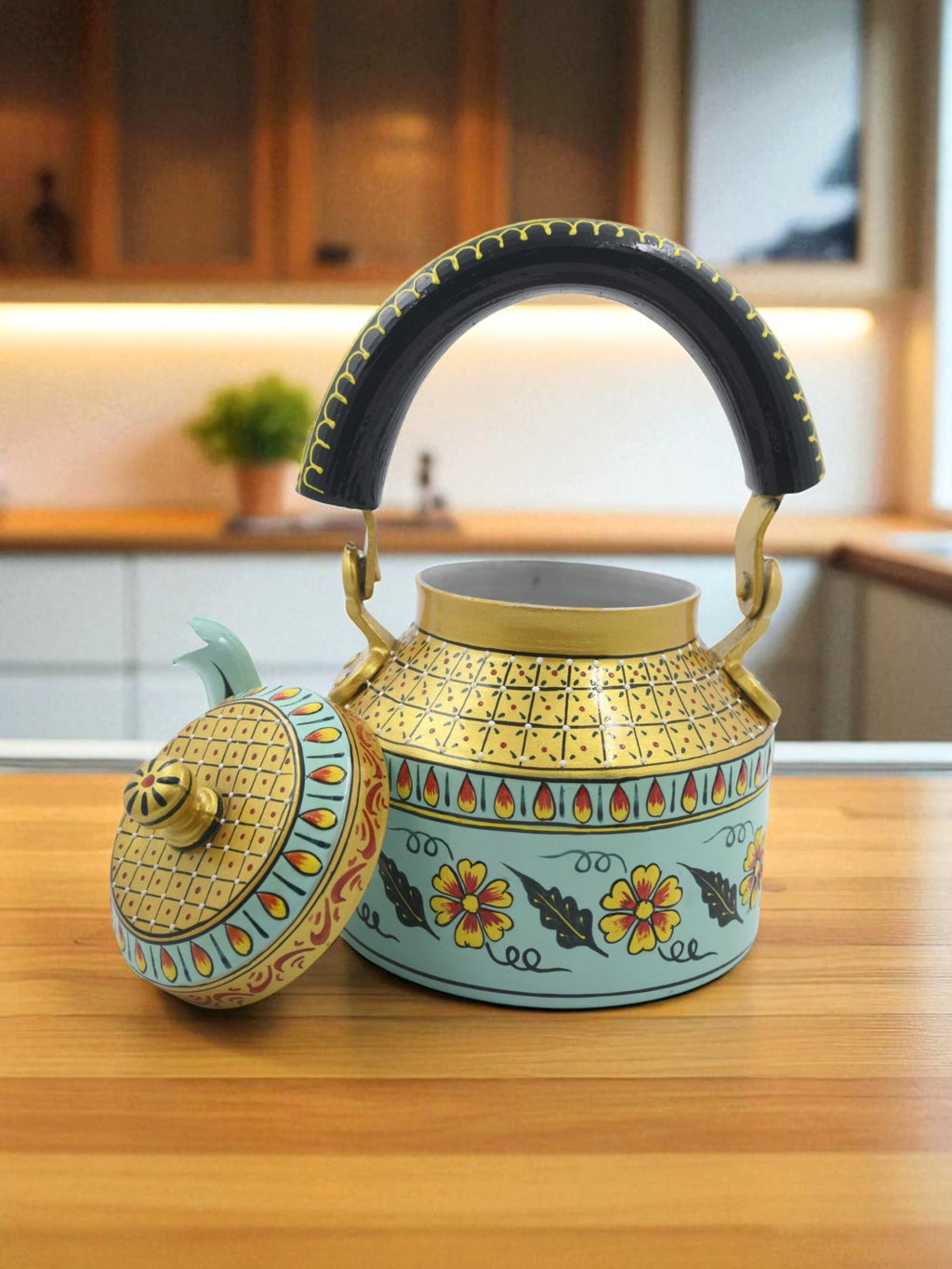 Hand-Painted Decorative Cutting Chai Green & Golden Kettle – 1000ml