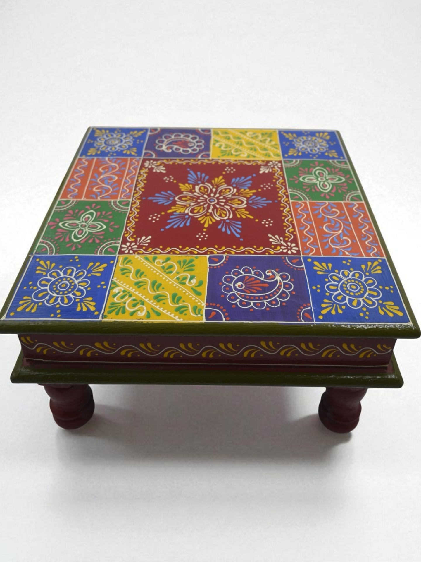 Hand-Painted Wooden Bajot / Choki – Multi-Color Decorative Stool (30x30x16 cm)