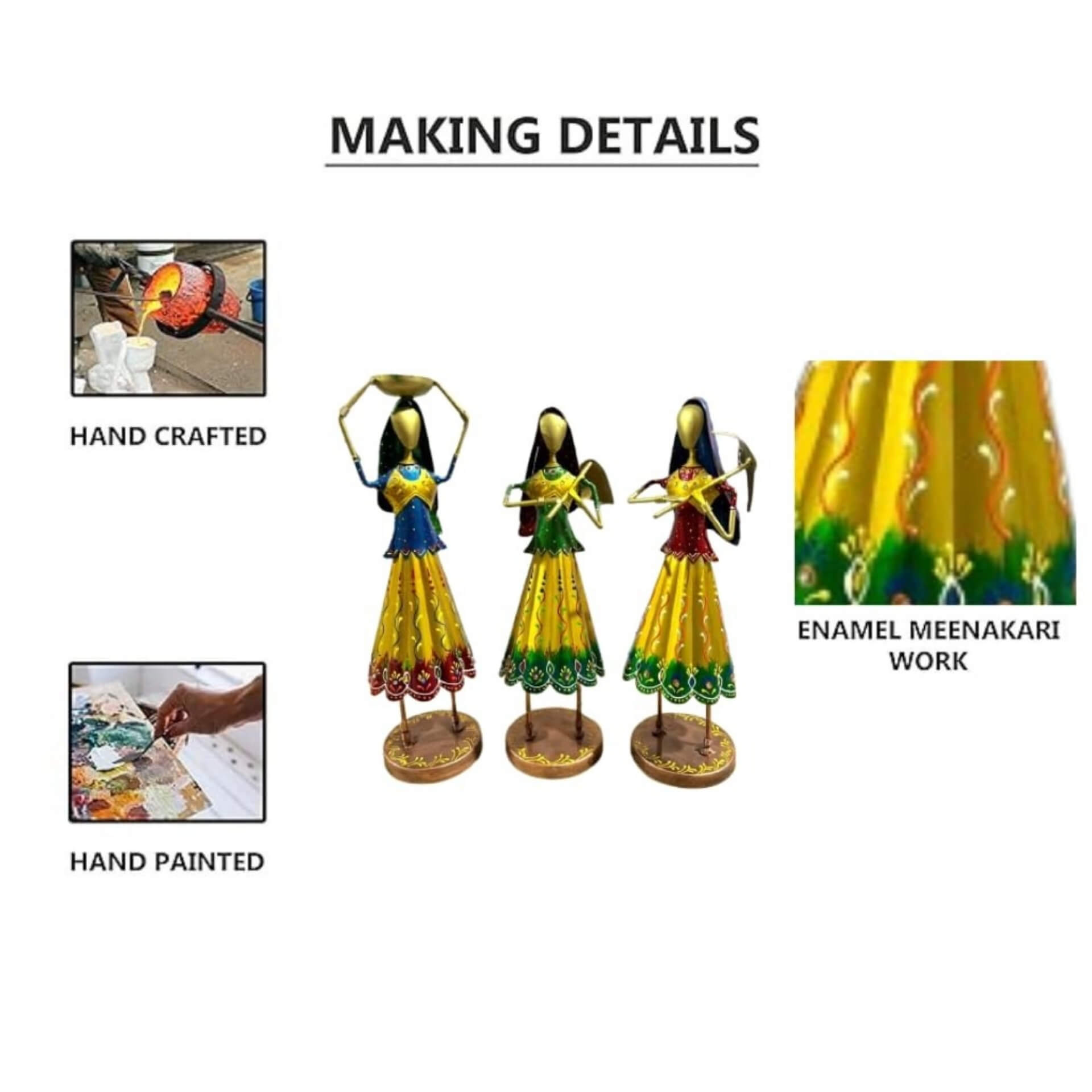 Rajasthani Dancing Women Figurines Set of 10 – Multicolor Metal Showpieces