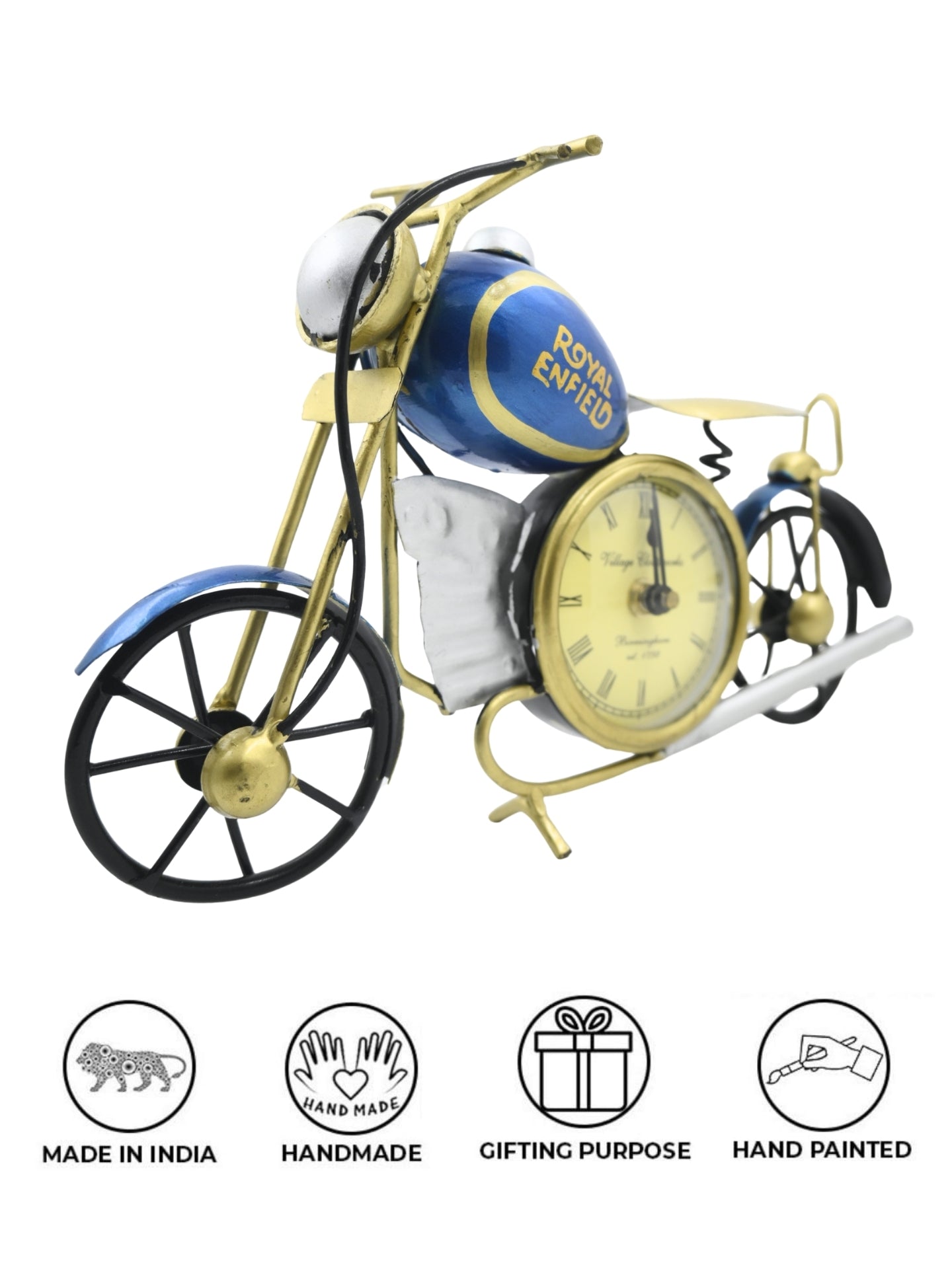 Vintage Royal Enfield Motorcycle Table Clock – Handmade Metal Desk Decor (21-Inch)