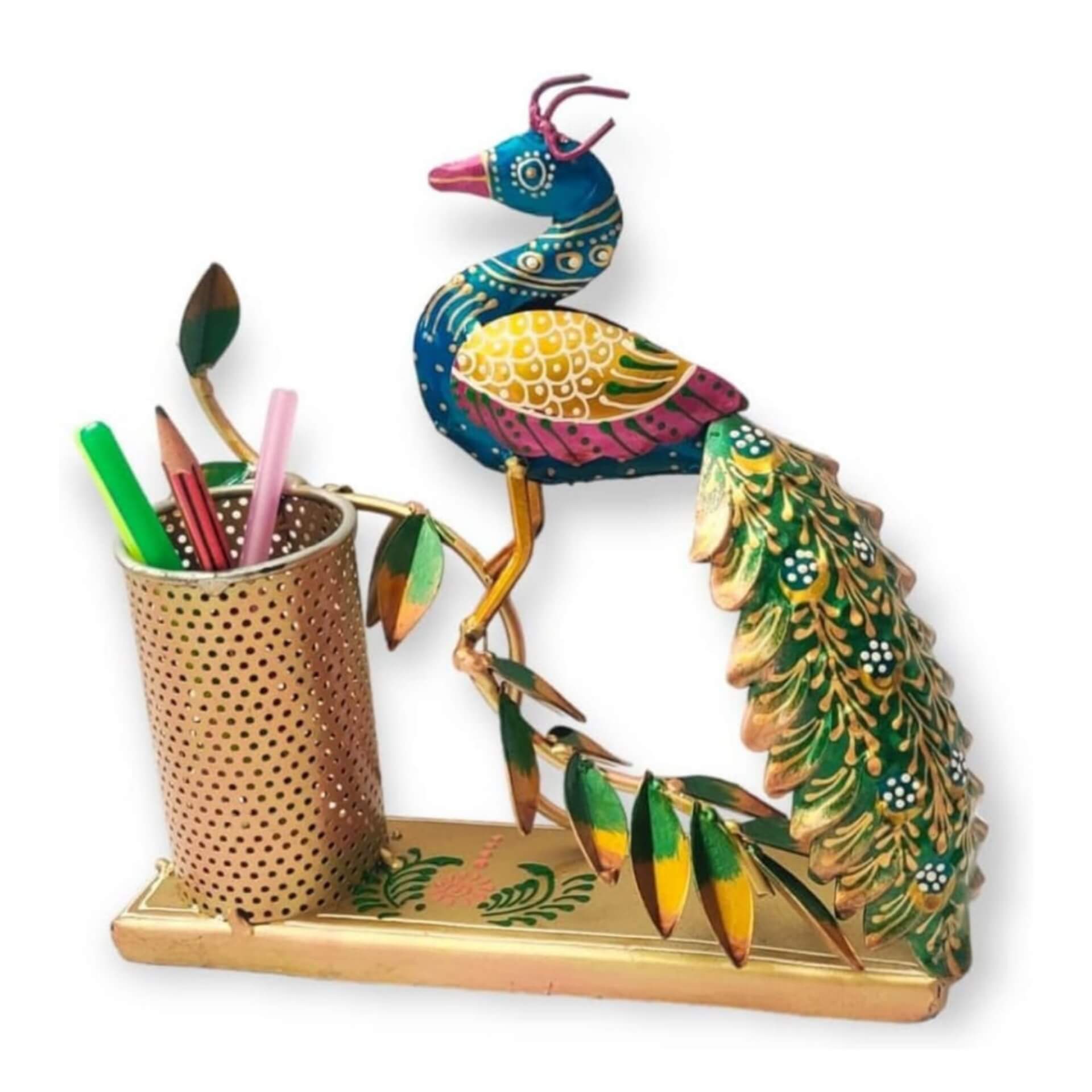 Handmade Metal Peacock Pen Stand – Meenakari Desk Organizer
