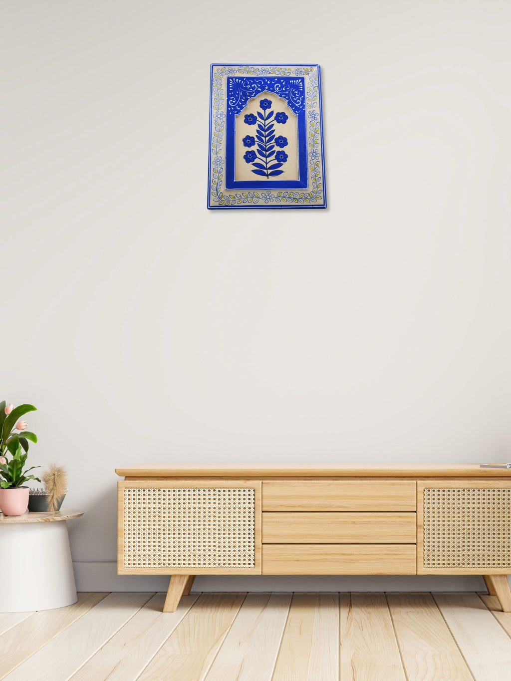Handmade Wooden Wall Frame with Blue Floral Design – 12 Inch