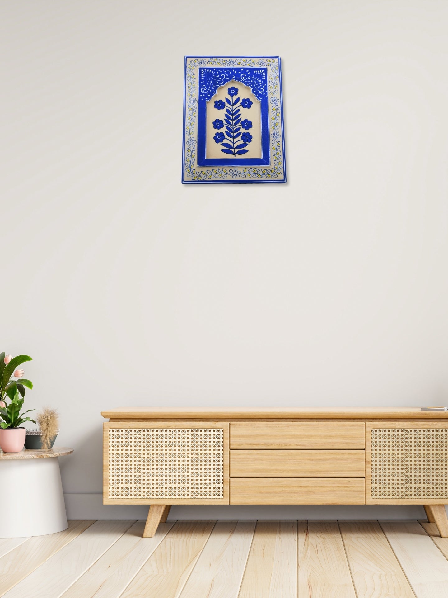 Handmade Wooden Wall Frame with Blue Floral Design – 12 Inch