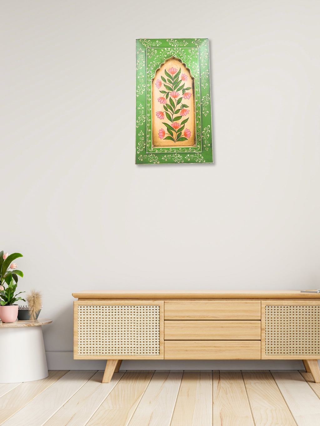 Handmade Wooden Wall Frame with Floral Design – 12 Inch (Green)