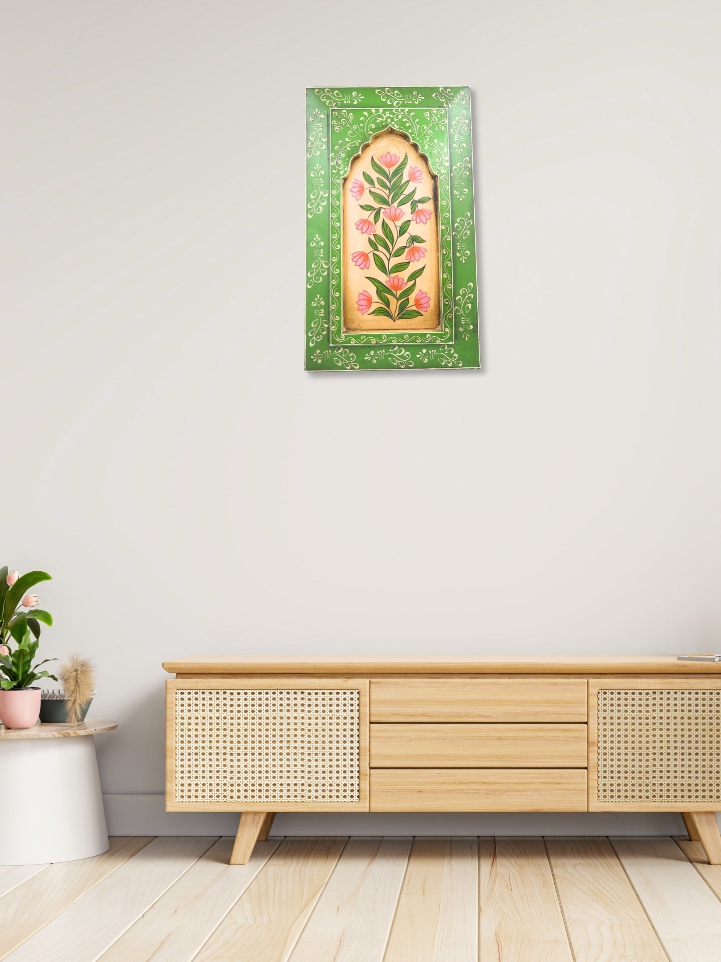 Handmade Wooden Wall Frame with Floral Design – 12 Inch (Green)