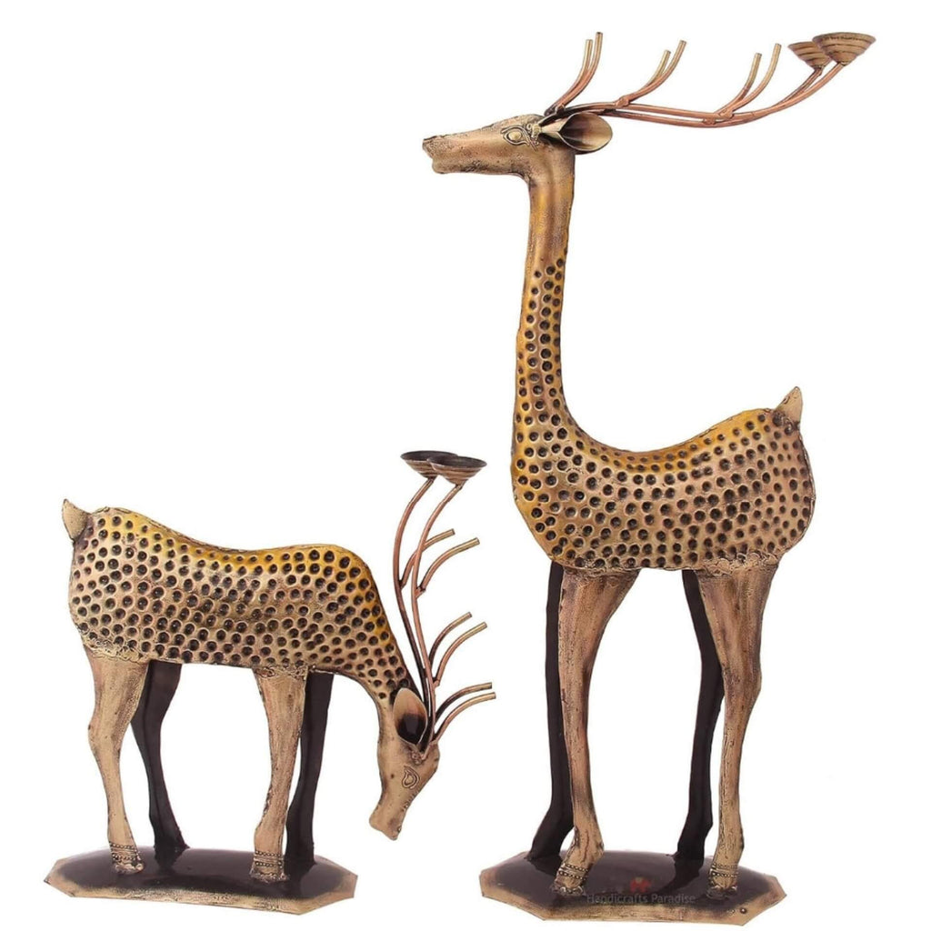 Golden Dotted Deer Showpiece Set – Antique Metal Figurines