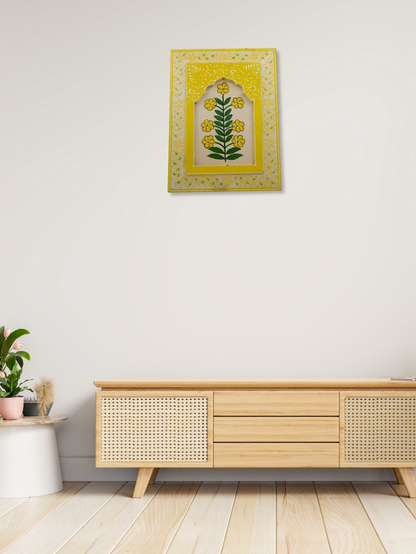 Handmade Wooden Wall Frame with Yellow Floral Design – 12 Inch