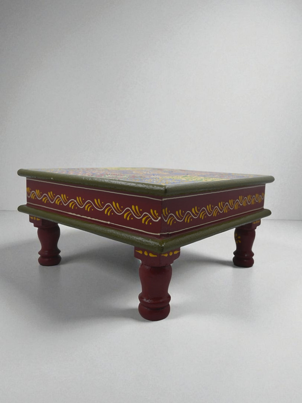 Hand-Painted Wooden Bajot / Choki – Multi-Color Decorative Stool (30x30x16 cm)