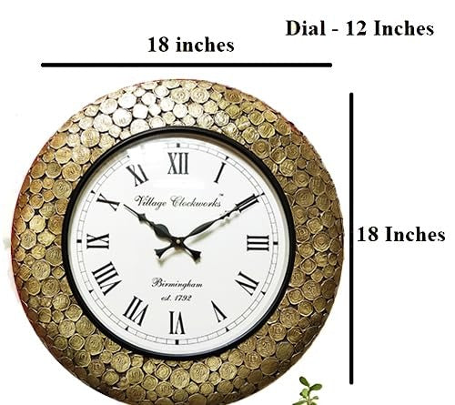 Village Clockworks Handcrafted Wooden &amp; Metal Wall Clock (18x18 Inch, Gold)