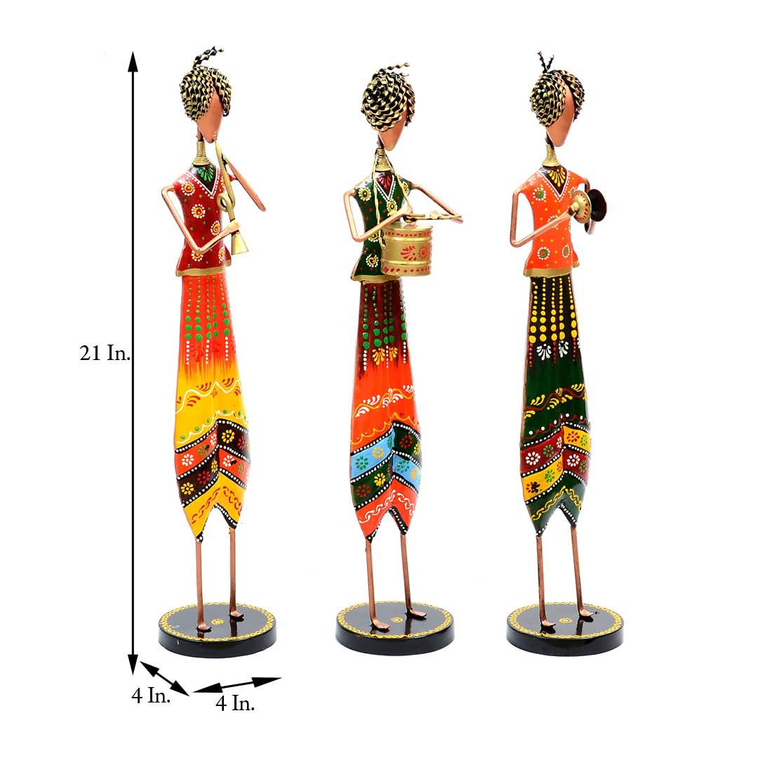 Handpainted Metal Musician Figurines – Set of 3 | Multicolour Tribal Human Decor | Iron Showpiece for Living Room & Home Decoration (53 cm)