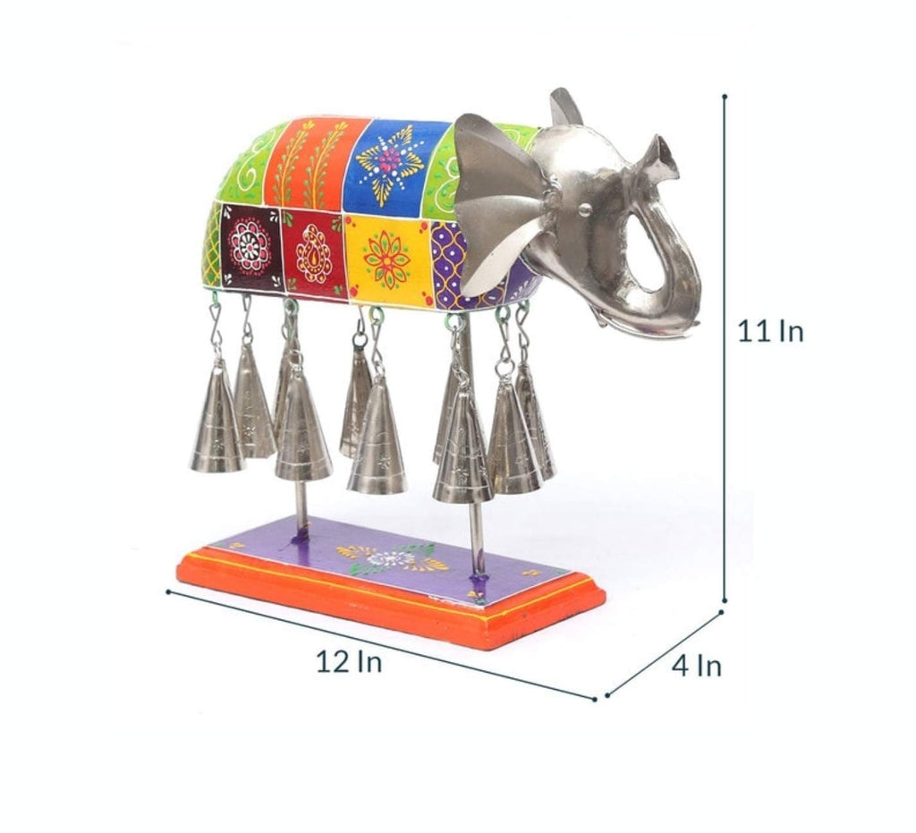 Hand Painted Elephant Table Decor with Bells – Iron & Wood