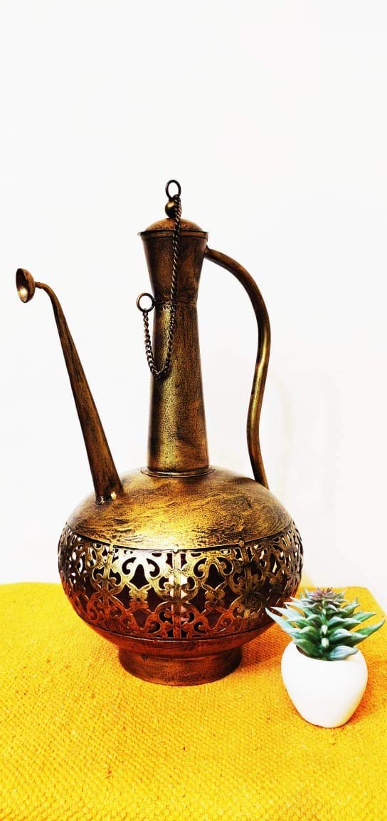 Handcrafted Iron Golden Surai Diya Tealight Candle Holder | Metal Tabletop Lantern for Home Décor & Festivals (9 × 9 × 15 Inches)