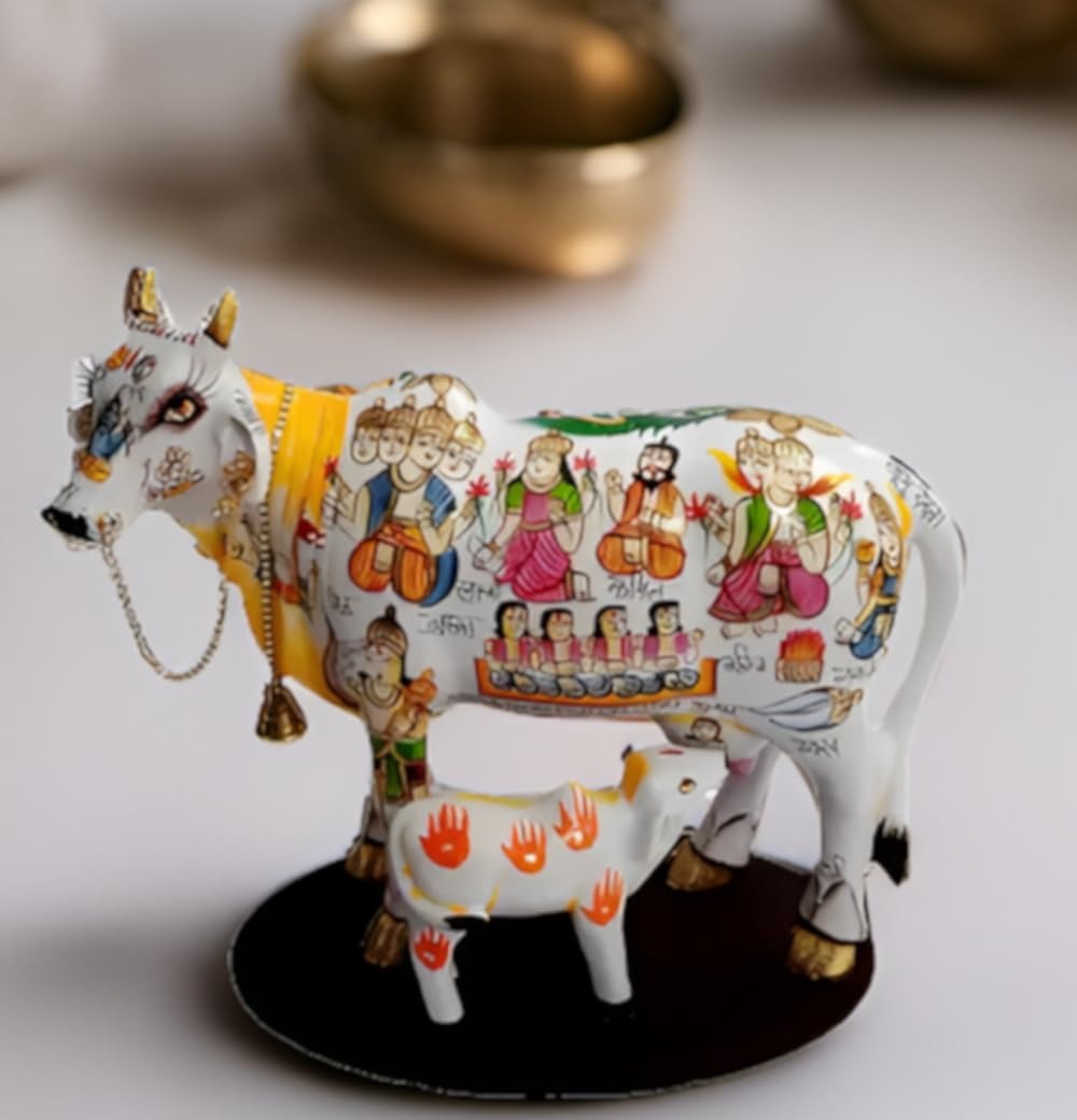 Kamdhenu Cow & Calf Resin Idol – Hand-Painted Good Luck Statue for Home & Shop | Hindu Traditional Decorative Showpiece