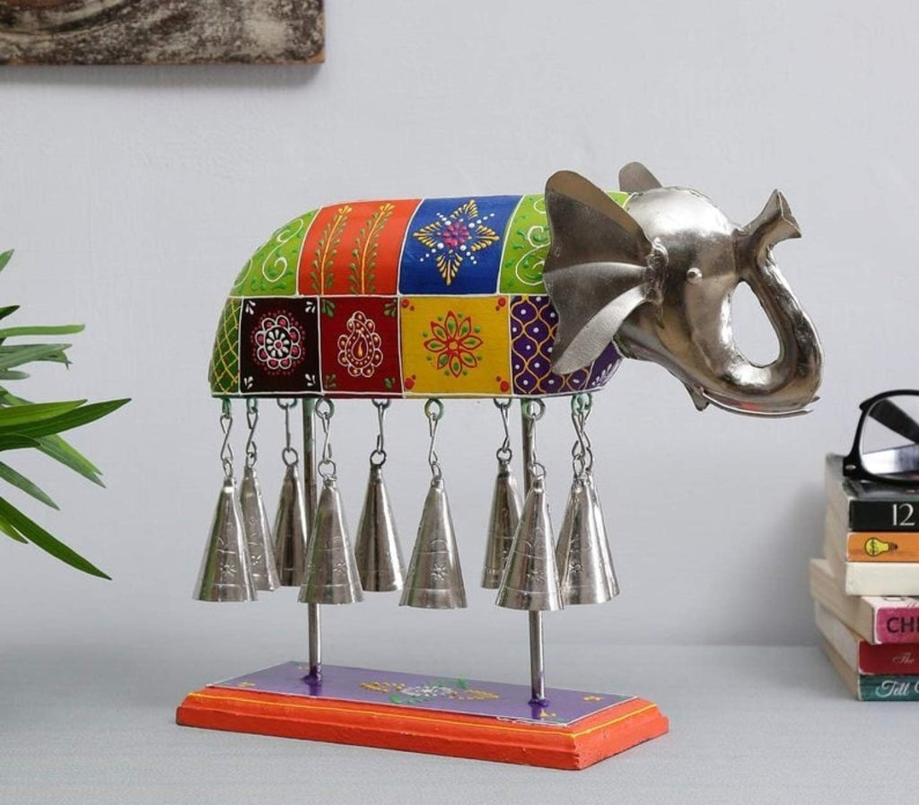 Hand Painted Elephant Table Decor with Bells – Iron & Wood