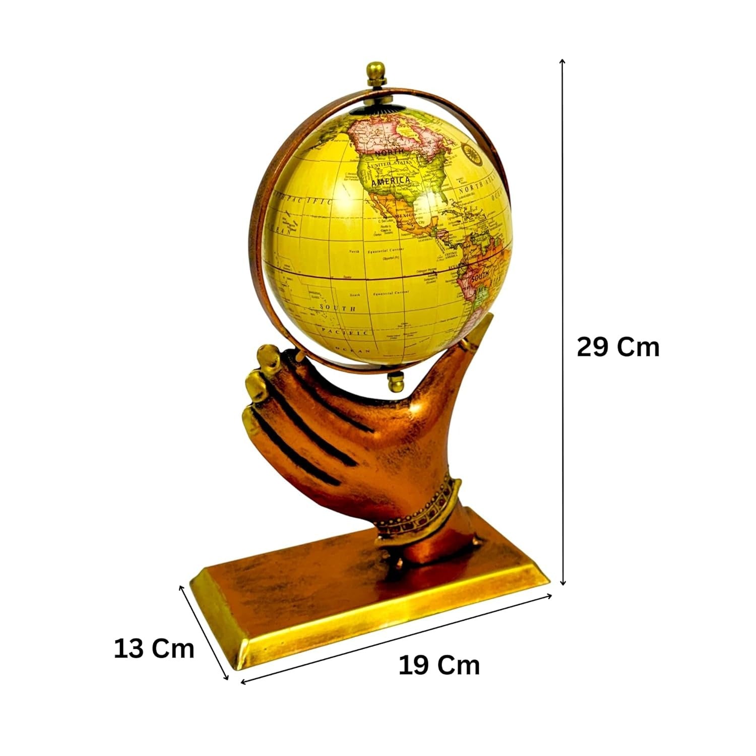 Metal Hand Globe Statue – Handcrafted Decorative World Globe with Antique Finish for Home & Office Desk (Bronze & Gold)