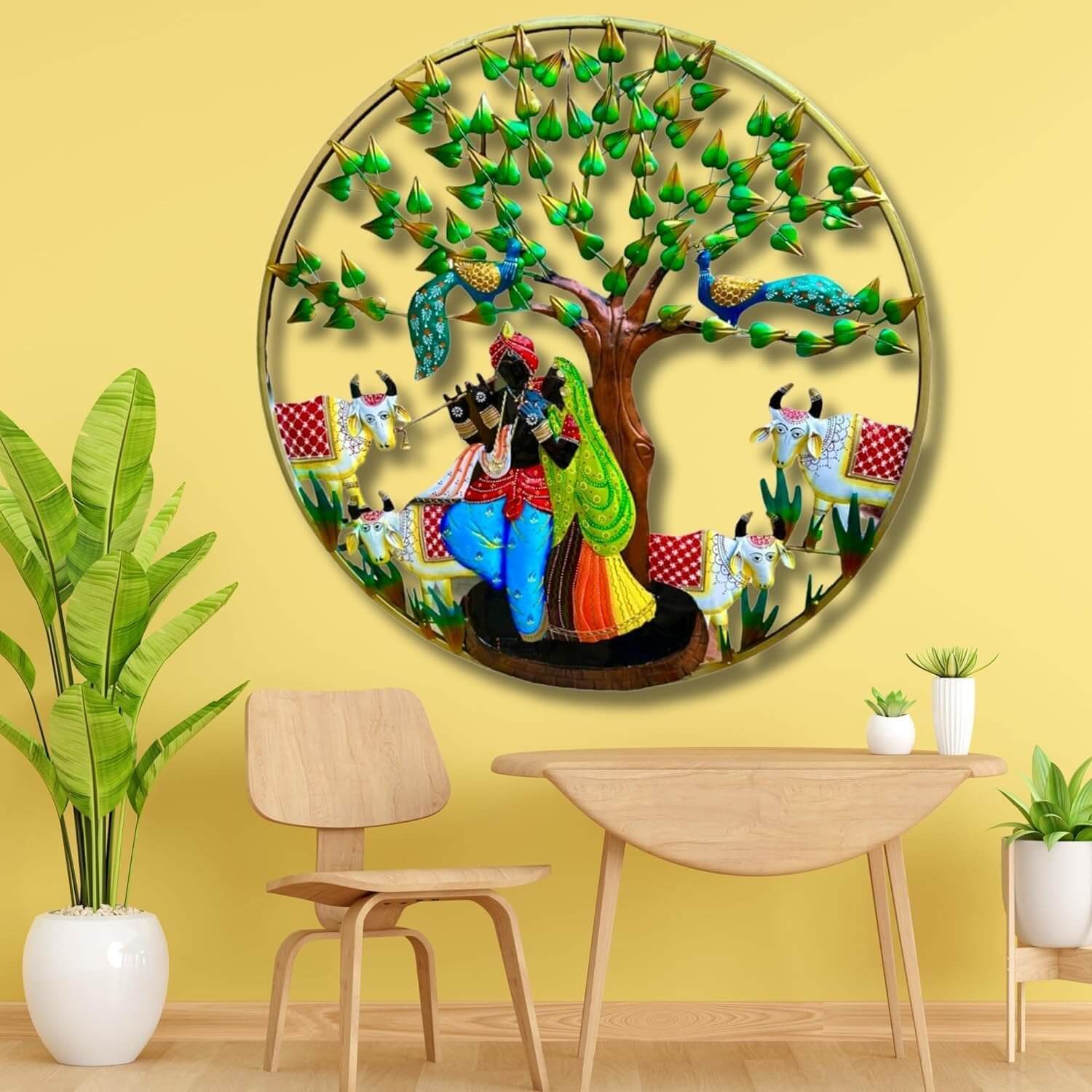 Antique Metal Radha Krishna Cow with LED Light Wall Art Frame