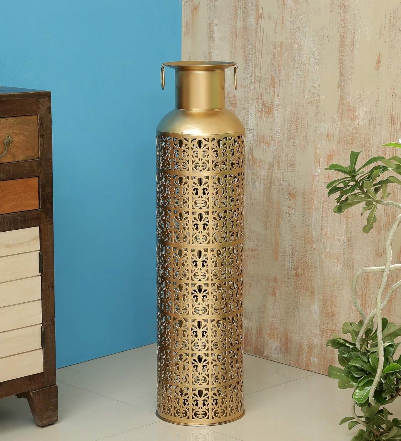 Iron Mia Pillar Vase T-Light Candle Holder – Gold Iron Showpiece for Home Décor & Diwali Gifting