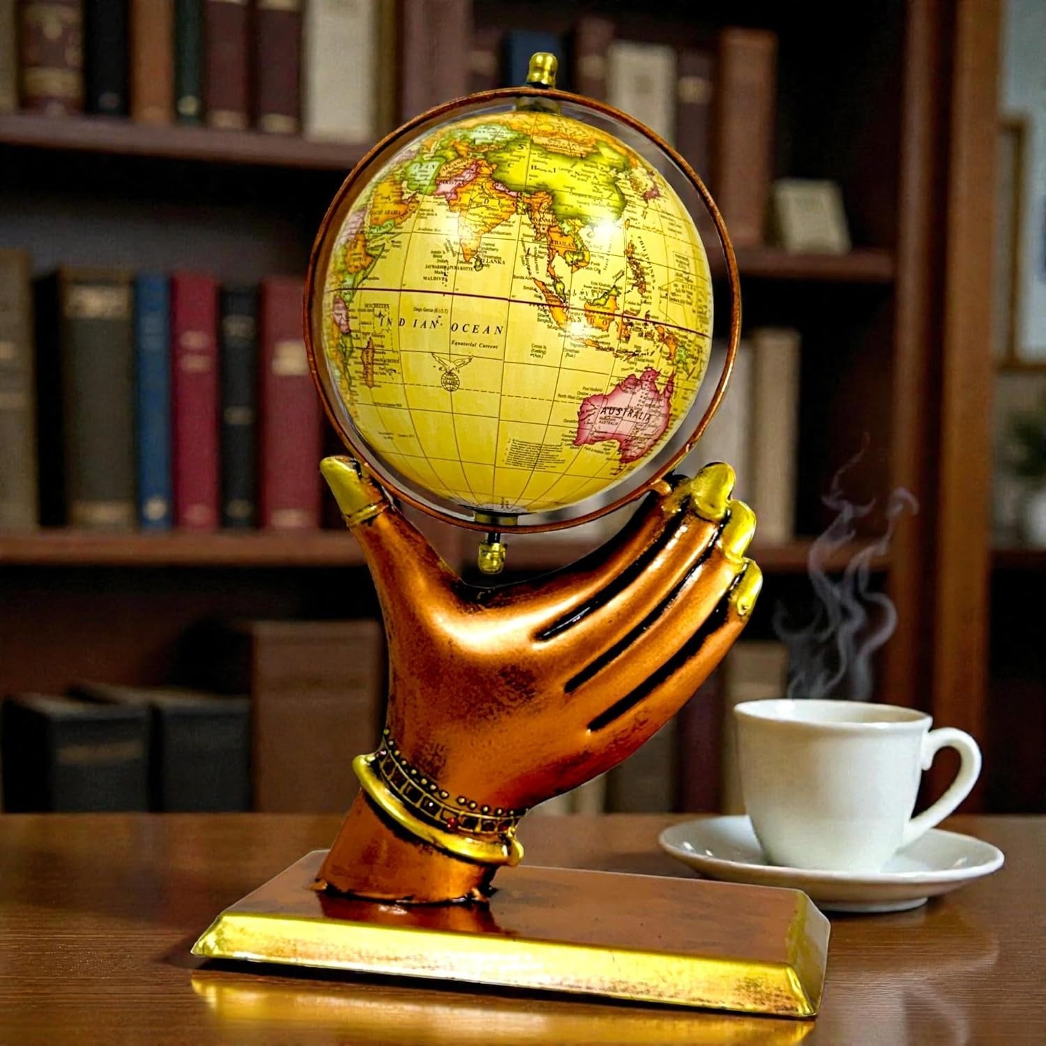 Metal Hand Globe Statue – Handcrafted Decorative World Globe with Antique Finish for Home & Office Desk (Bronze & Gold)