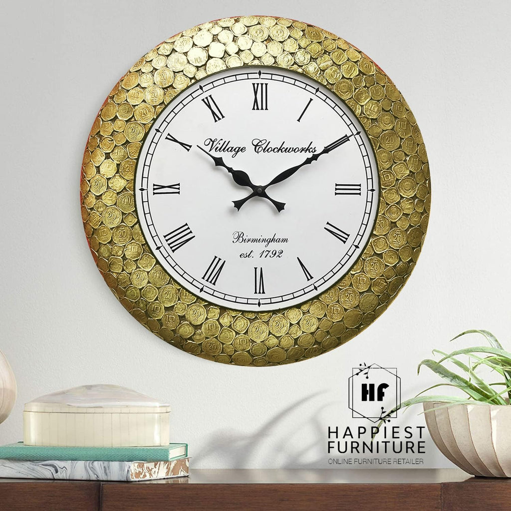 Village Clockworks Handcrafted Wooden &amp; Metal Wall Clock (18x18 Inch, Gold)