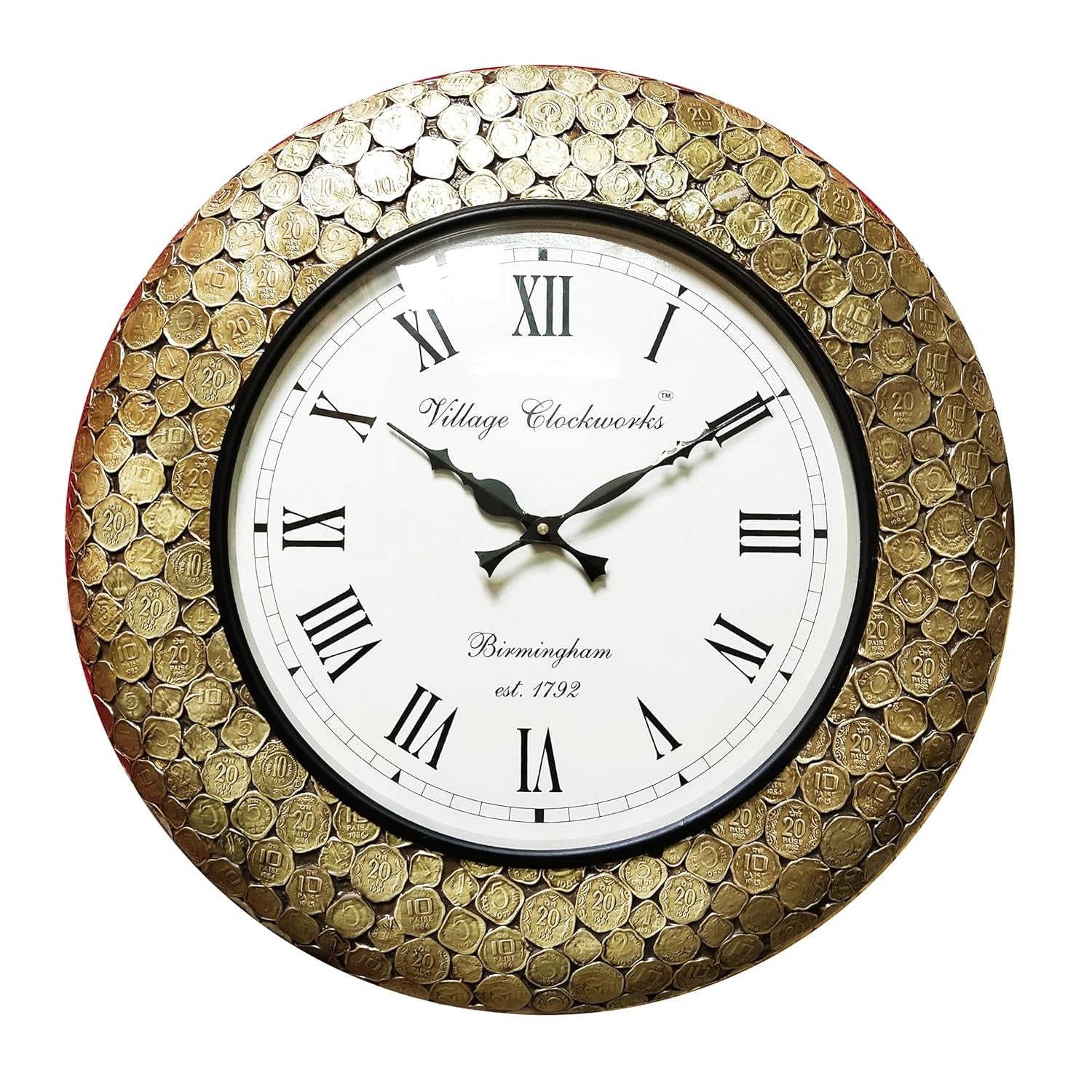 Village Clockworks Handcrafted Wooden &amp; Metal Wall Clock (18x18 Inch, Gold)