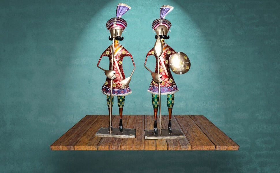 Handpainted Rajasthani Royal Chowkidar Iron Showpiece Set of 2 | Large Decorative Dwarpal/Gatekeeper Figurines for Home Decor (31x9x6 Inches)