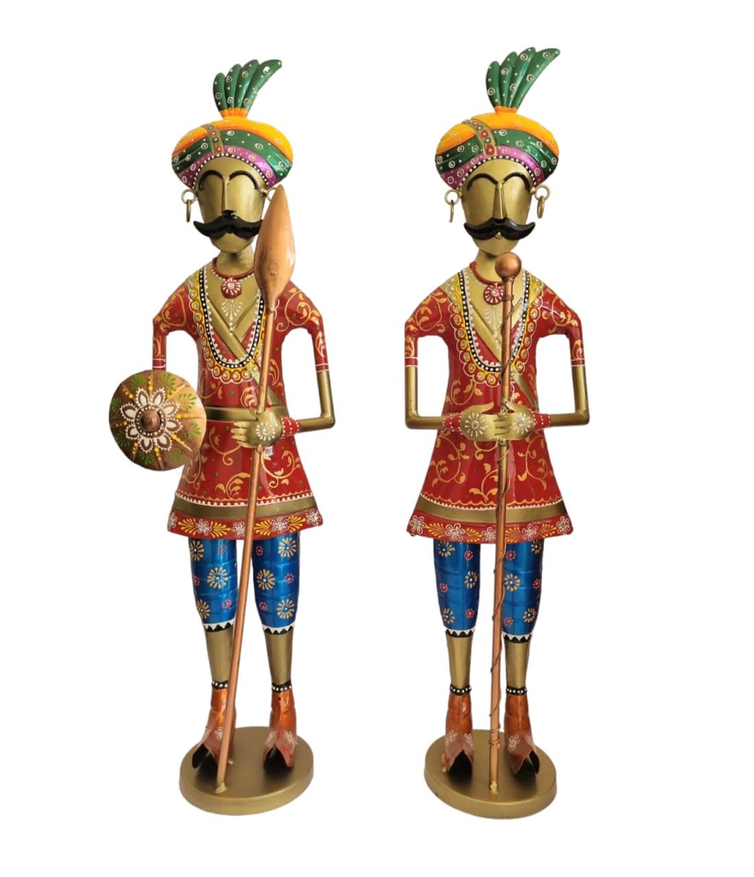 Handpainted Rajasthani Royal Chowkidar Iron Showpiece Set of 2 | Large Decorative Dwarpal/Gatekeeper Figurines for Home Decor (31x9x6 Inches)