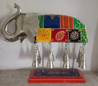 Hand Painted Elephant Table Decor with Bells – Iron & Wood