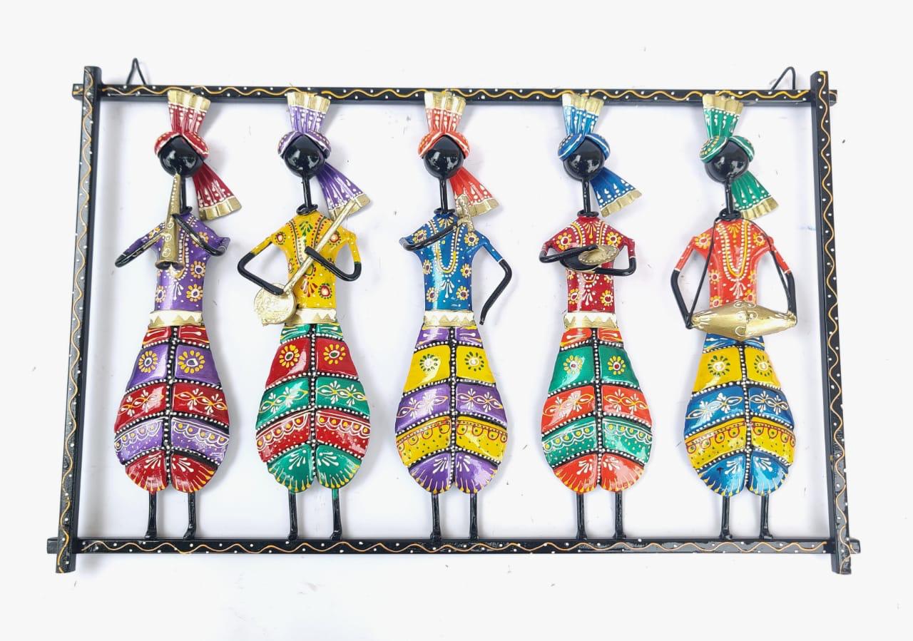Hand-Painted Tribal Musician Wall Frame – Metal Art Decor