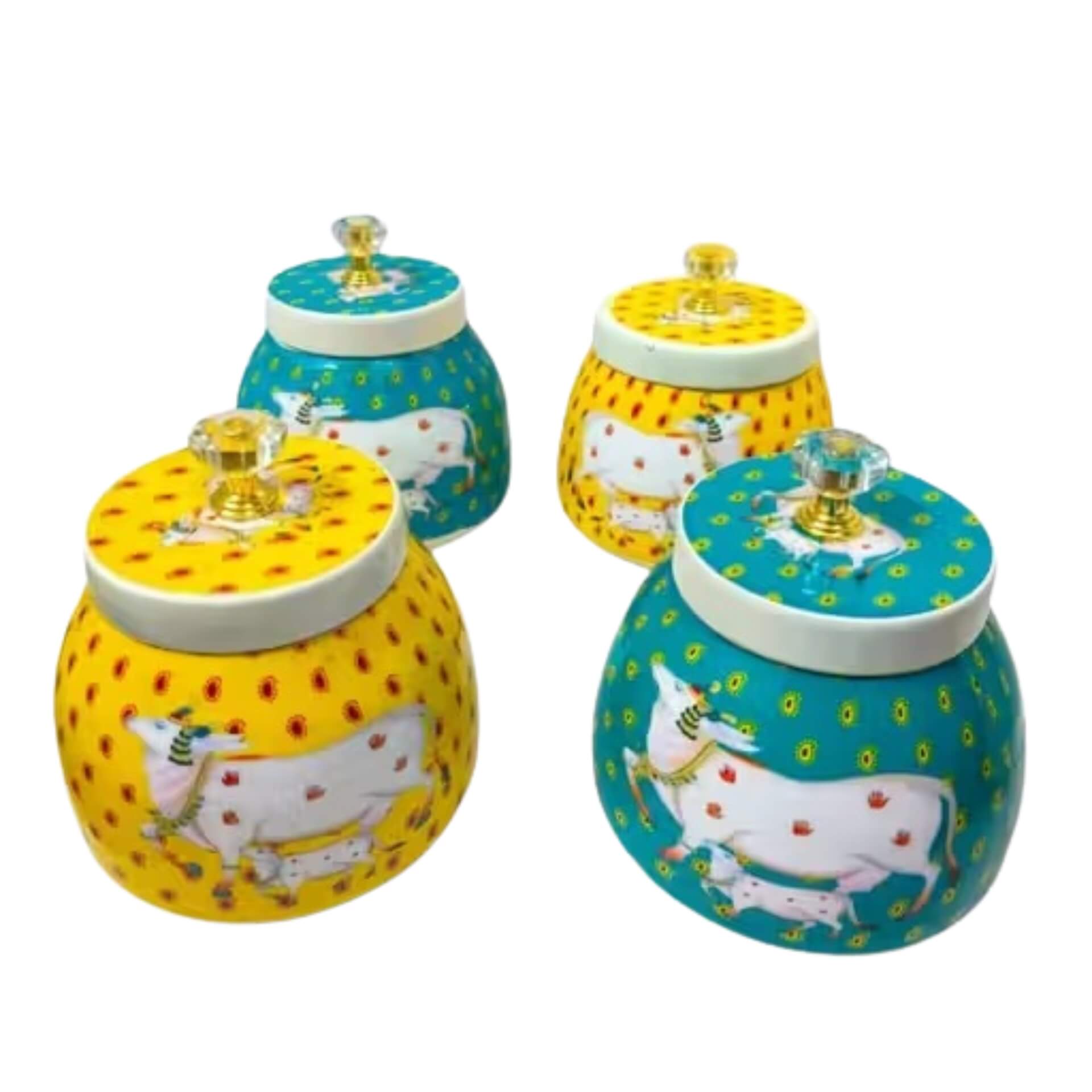 3 Brothers Round Metal Storage Jars – Pichwai Cow Print Design (Set of 4, 4 Inch)